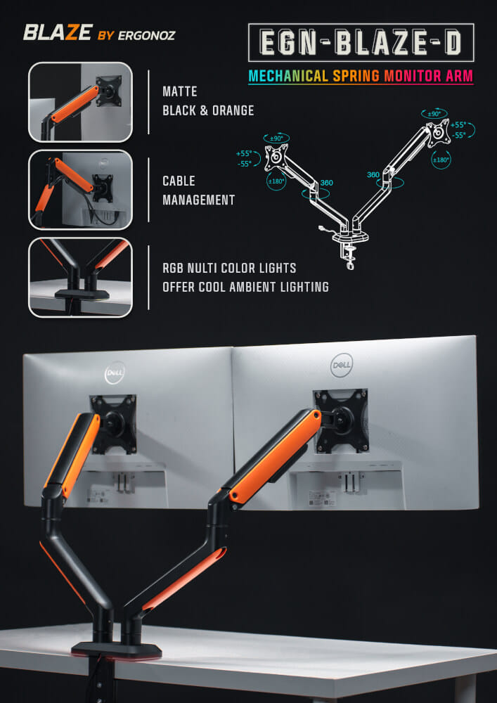 แขนจับจอ ERGONOZ รุ่น BLAZE แขนคู่ สำหรับหน้าจอ 17 - 32 นิ้ว สีดำด้านและส้ม (EGN-BLAZE-D)_8